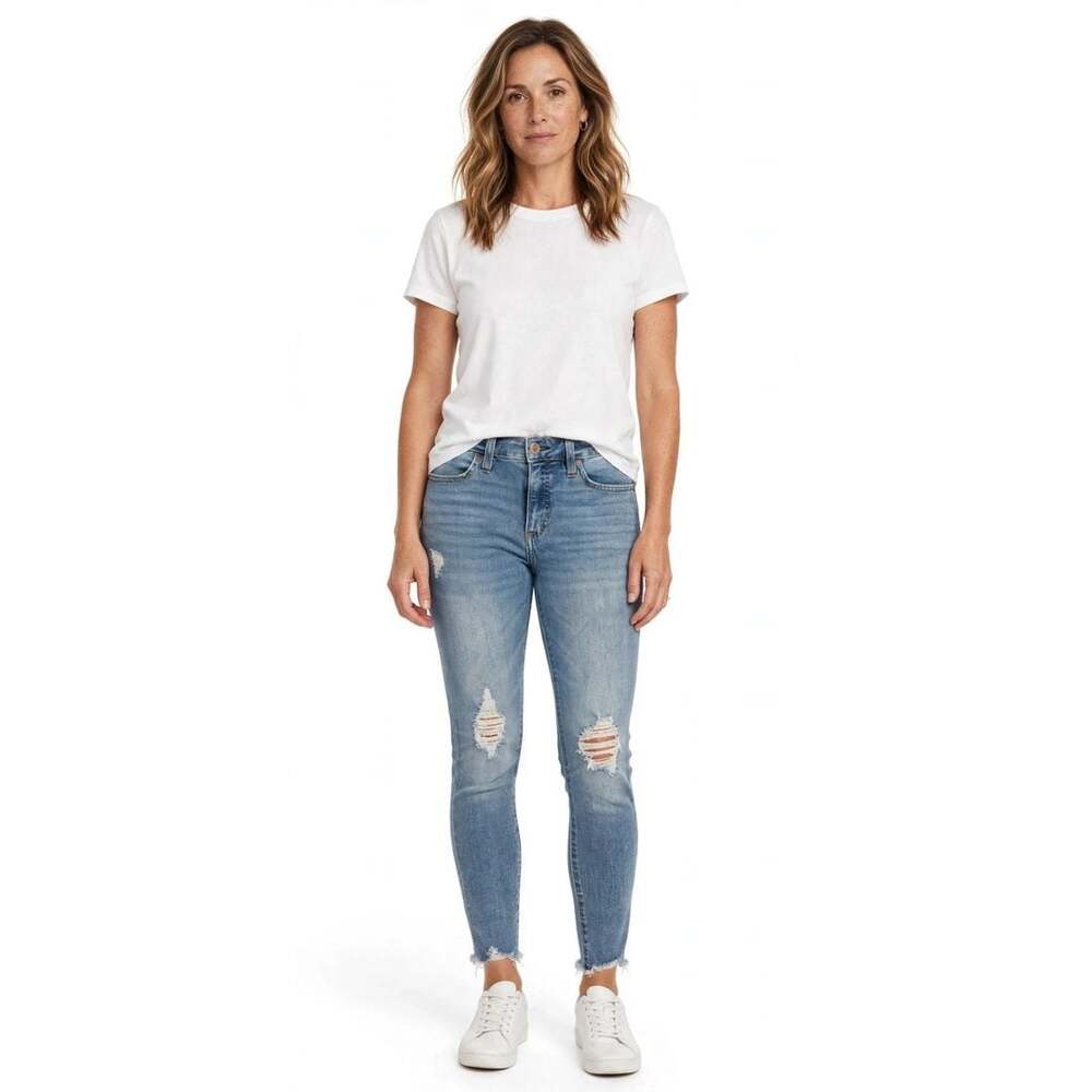 Light Wash Distressed Skinny Jeans Ripped Knee Raw Frayed Hem Ankle - Size 30